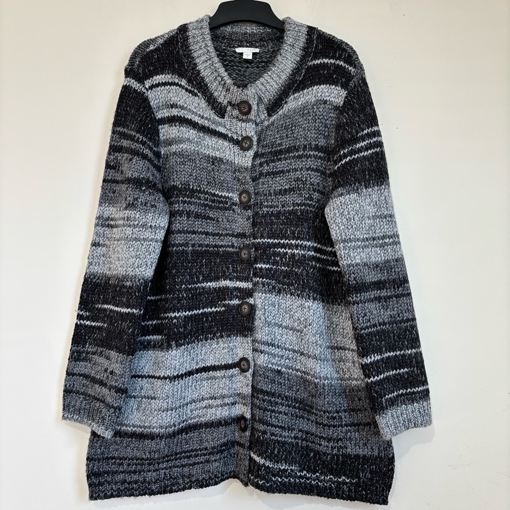 J Jill Oversize Wool Blend Button Up Gray Stripe Chunky Knit Sweater Cardigan S